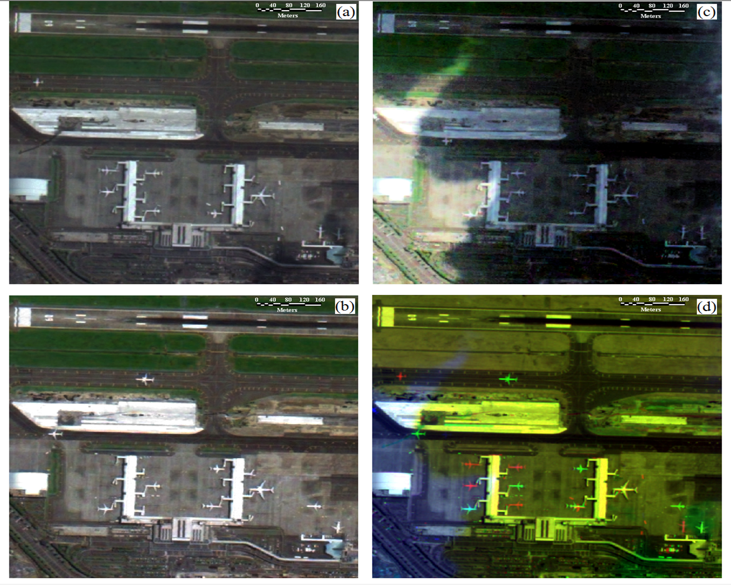 Example of site surveillance at Kaohsiung International Airport using daily revisit imagery taken by Formosat-2 on (a) 2 July 2005, (b) 3 July 2005, and (c) 4 July 2005, respectively. The color composite of red (pan band of July 2), green (pan band of July 3) and blue (pan band of July 4) is shown in (d). (Reprint from Liu 2006 IEEE TGRS)